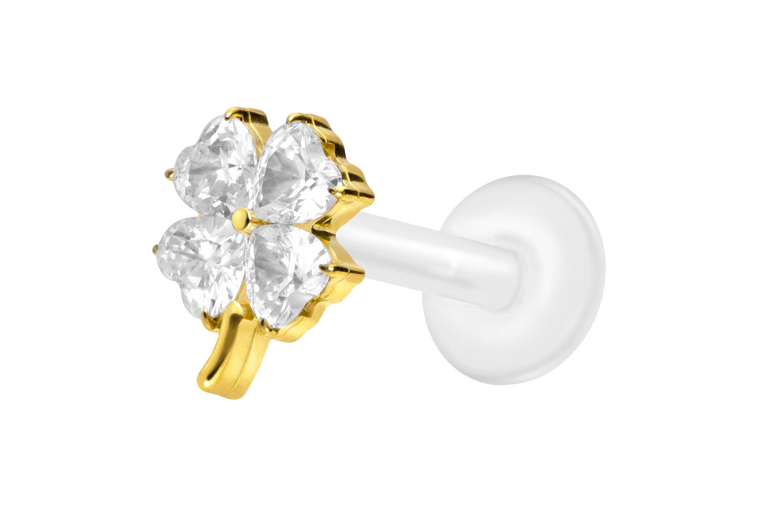 PTFE Labret Piercing mit Innengewinde + Titan-Aufsatz KRISTALLKLEEBLATT